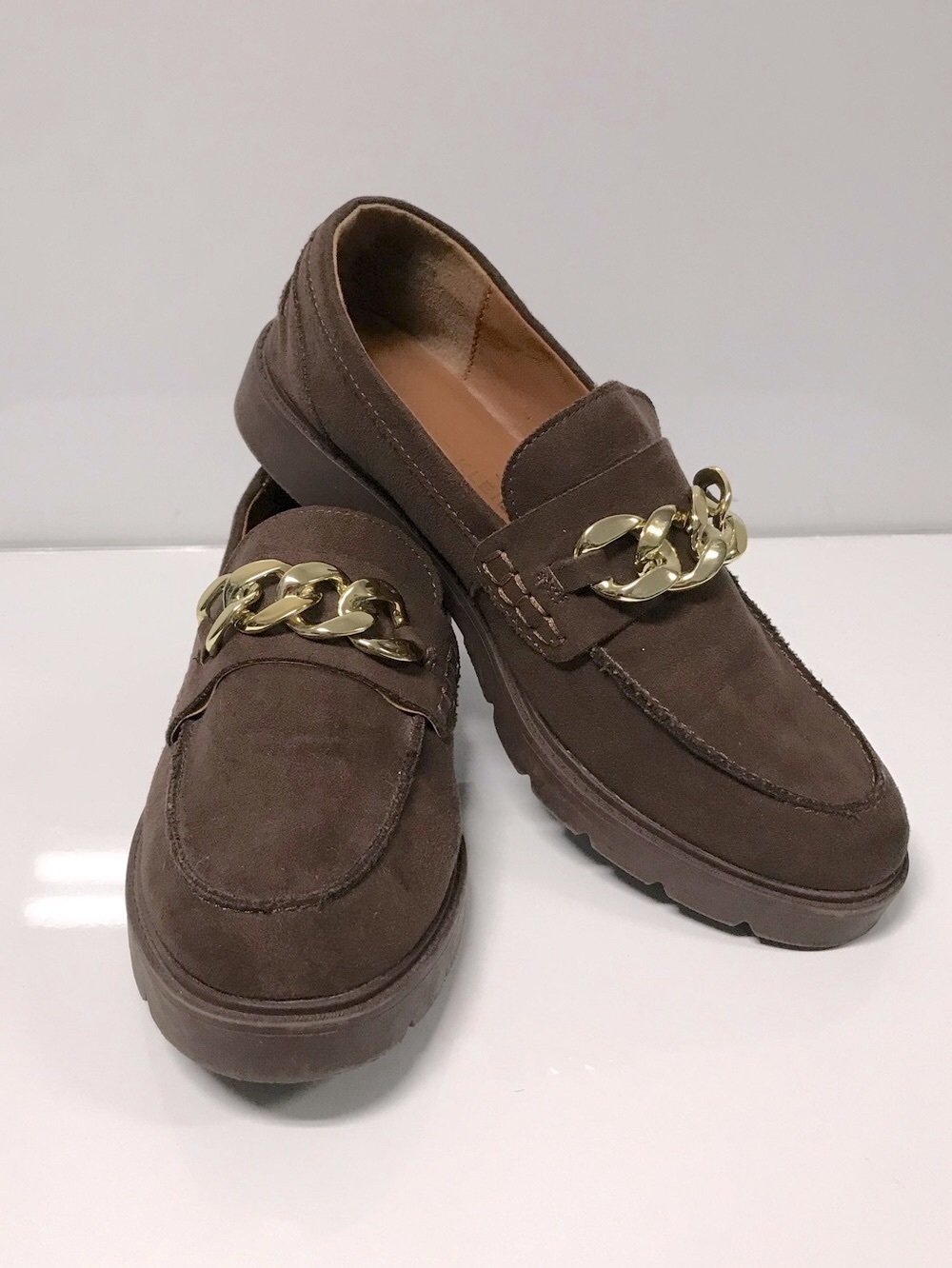 Anne Klein Brown Suede Loafers with Gold Chain Accent
